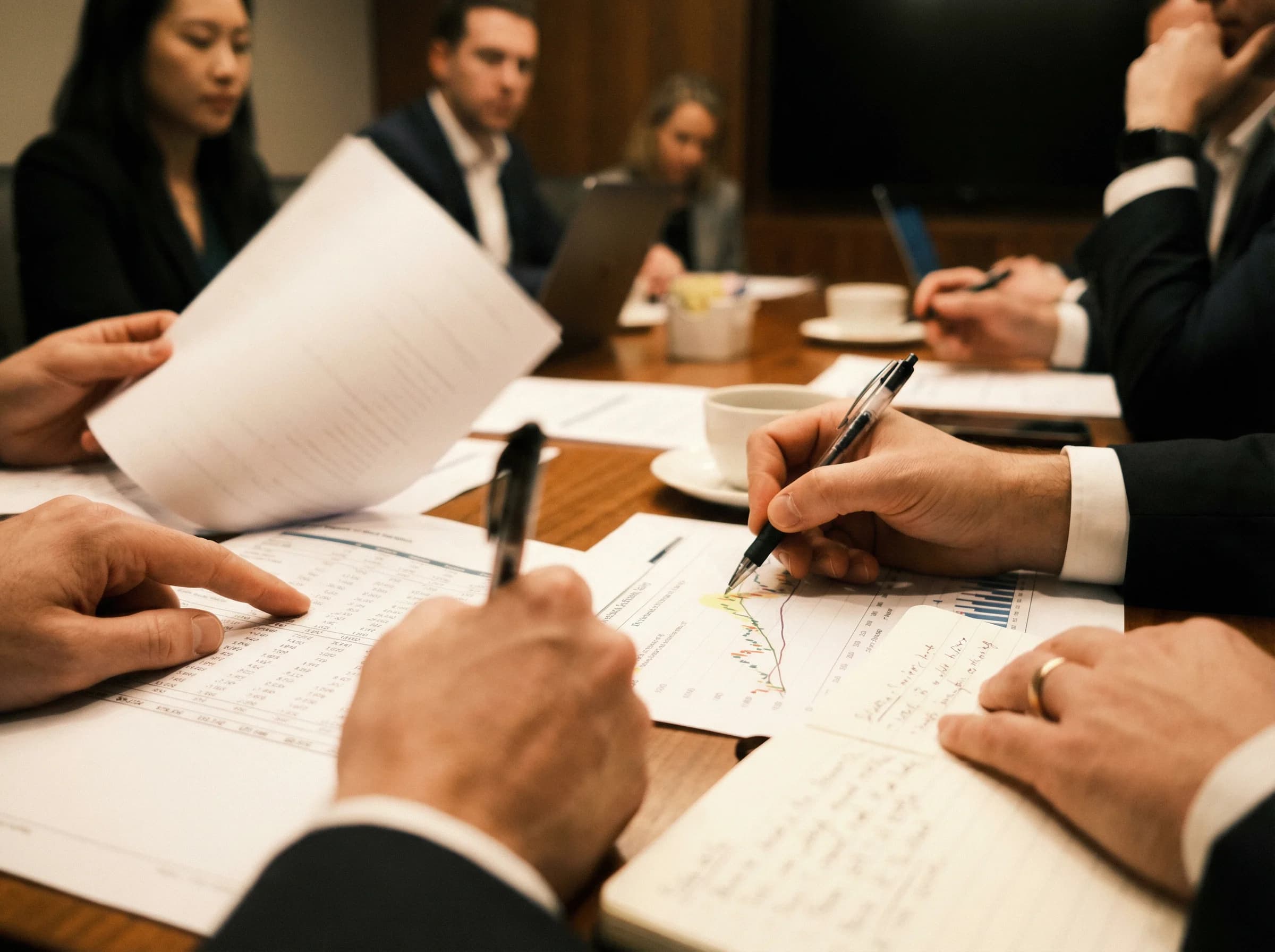 Detailaufnahme eines Finanzmeetings mit Fokus auf Diagramme und Analystenhände