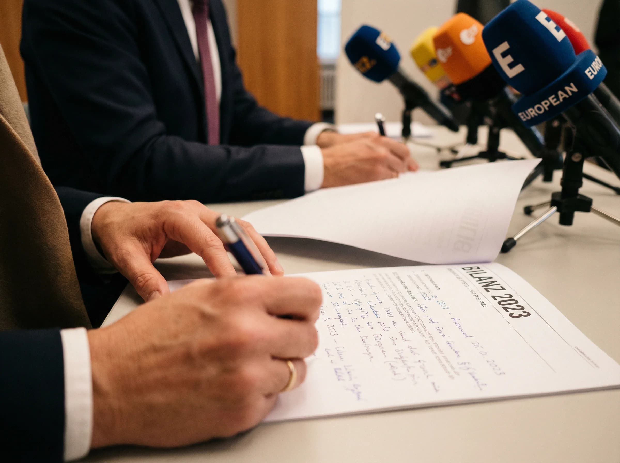 Journalist beim Mitschreiben während einer Jahrespressekonferenz