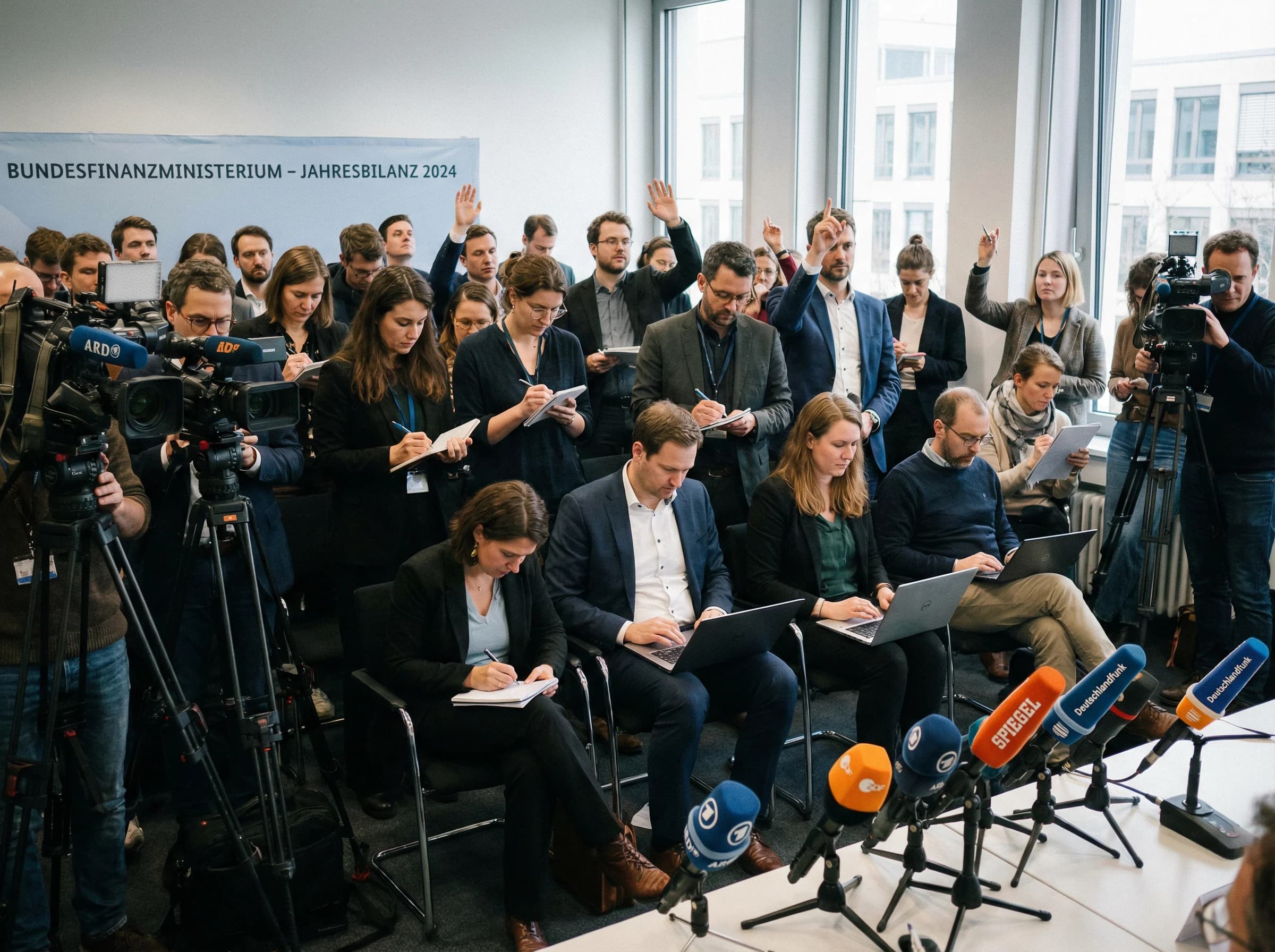 Journalisten und Kamerateams bei einer Pressekonferenz