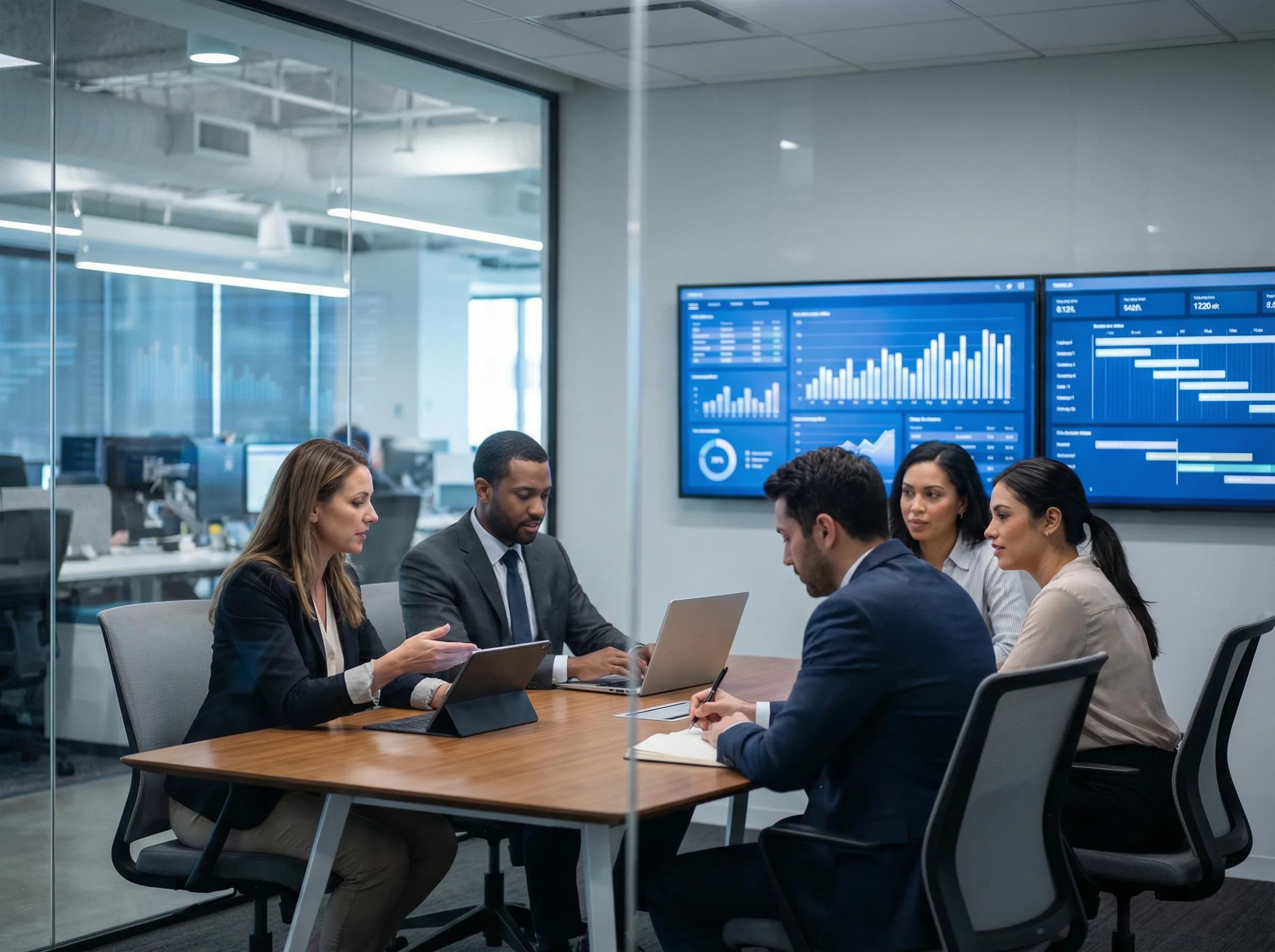Strategiemeeting im modernen Konferenzraum mit Echtzeit-Dashboards